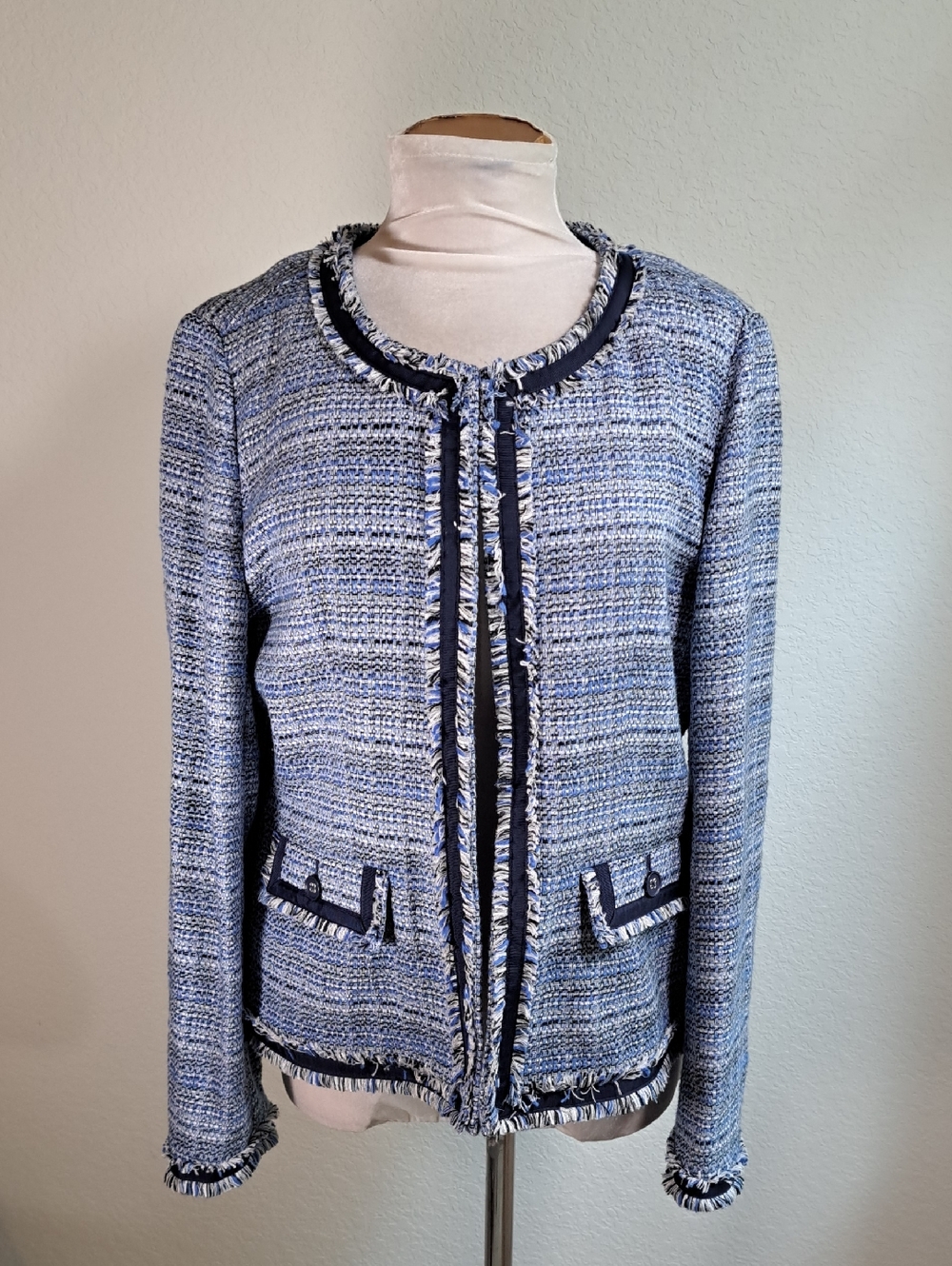 Charter Club Women's Blue Tweed Plaid Textured Fringe-Trim Jacket Size Large